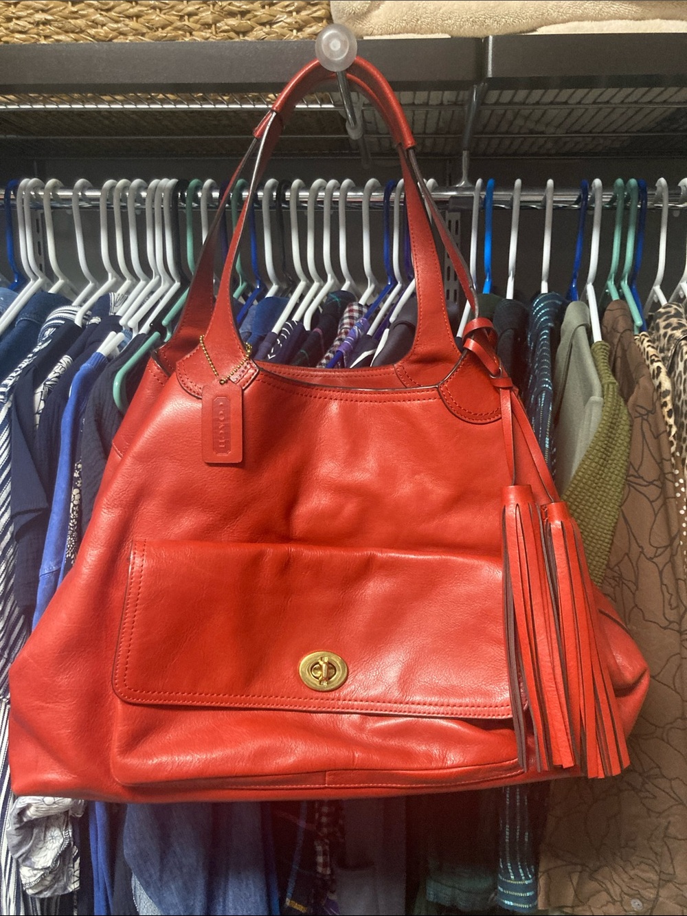 Coach Red Leather Shoulder Bag with Tassel and Turn-Lock